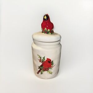 Handpainted White Cardinal Ceramic Cookie Jar 3D Cardinal On Lid EUC Christmas